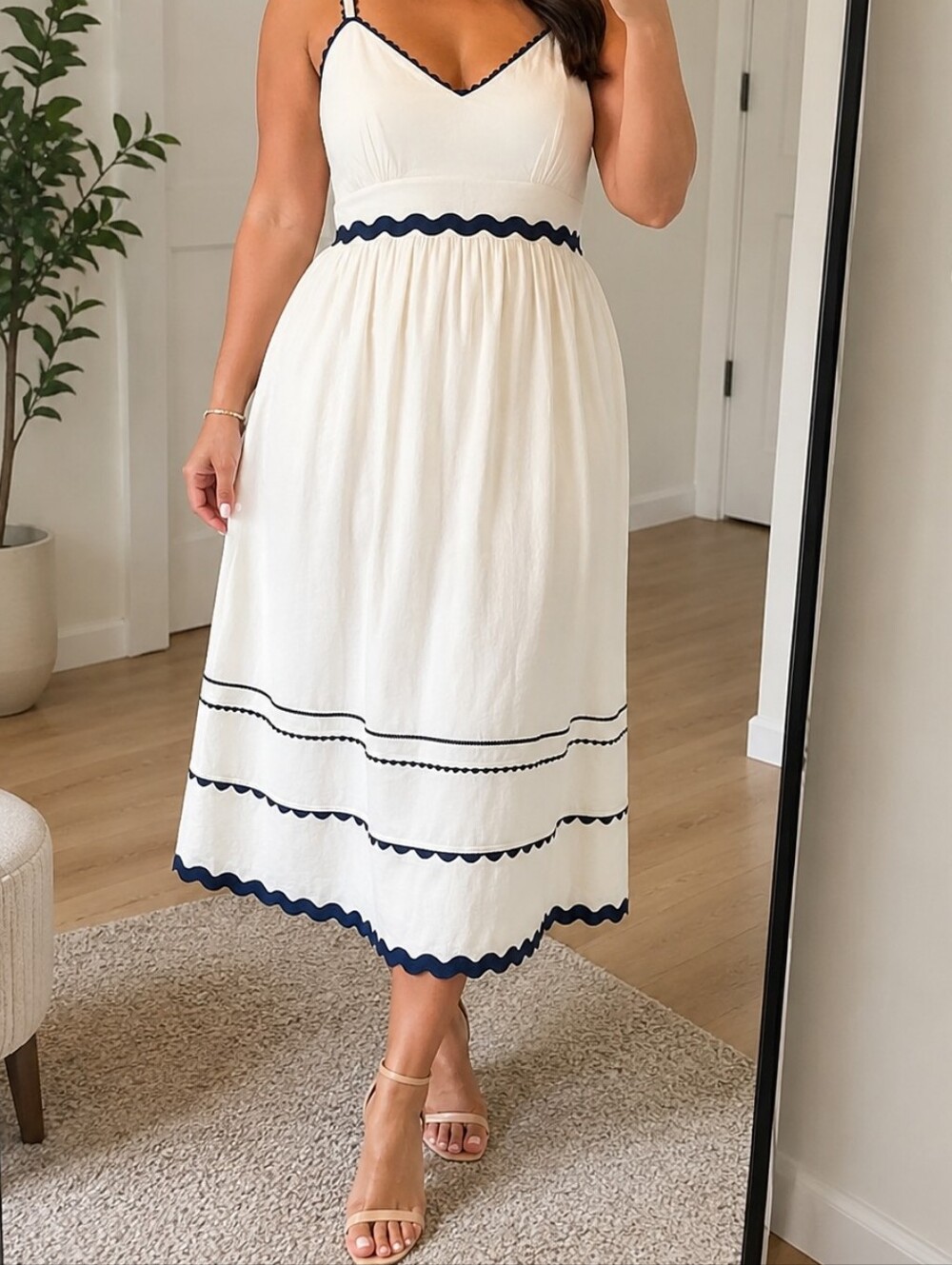 Cream Midi Dress with Navy Trim - Women, By The Good Journey